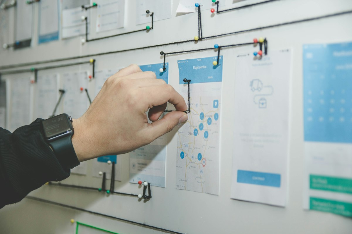 Wireframes pinned on a studio wall